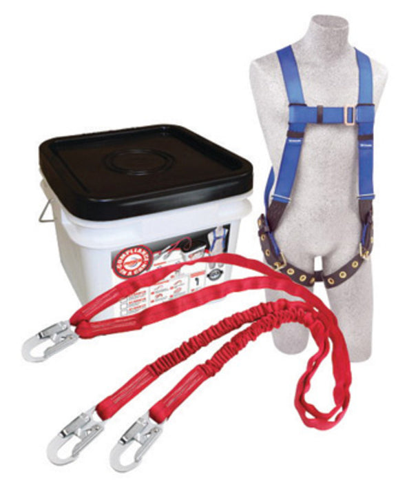 DBI/SALA 2199818 Protecta Compliance-In-A-Can Light All-Purpose Fall Protection Kit (Includes AB17550 First Harness With Tongue Buckle Legs And 5-Point Adjustment, 1340240 PRO-Stop 6' Double-Leg Shock Absorbing Lanyard And Bucket)