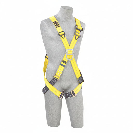 3M DBI-SALA 1110726 Delta cross-over style positioning and climbing safety harness in small size with back, front, and side D-rings, yellow polyester webbing, and quick-connect leg straps for fall protection and work positioning.