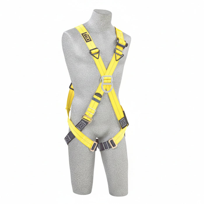 3M DBI-SALA 1110726 Delta cross-over style positioning and climbing safety harness in small size with back, front, and side D-rings, yellow polyester webbing, and quick-connect leg straps for fall protection and work positioning.