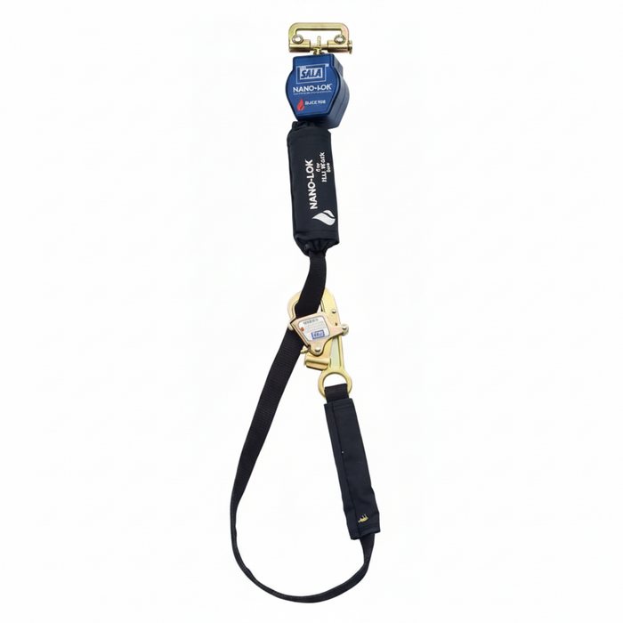 3M DBI-SALA 3101322 Nano-Lok tie-back self-retracting lifeline with heat-resistant webbing and quick-connect harness attachment for hot work fall protection.