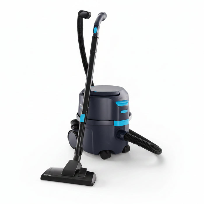 Nilfisk VP500 HEPA cordless canister vacuum with wand and floor tool