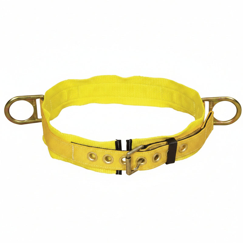 DBI-SALA 1000024 large body belt made from 1-3/4 inch polyester webbing with tongue buckle closure, side D-ring, and padded back support for positioning and fall restraint applications.