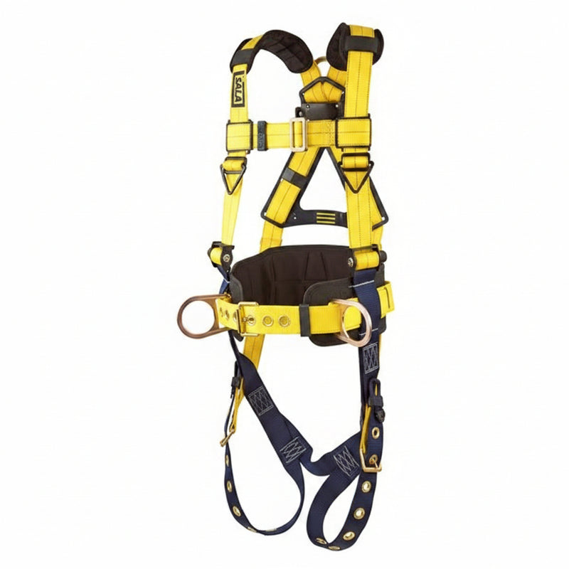 DBI-SALA 1101655 Delta II no-tangle vest-style full body harness with back and side D-rings, tongue buckle leg straps, integrated body belt, and padded shoulder and back support for construction positioning and fall protection.