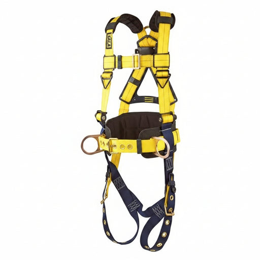 DBI-SALA 1101655 Delta II no-tangle vest-style full body harness with back and side D-rings, tongue buckle leg straps, integrated body belt, and padded shoulder and back support for construction positioning and fall protection.