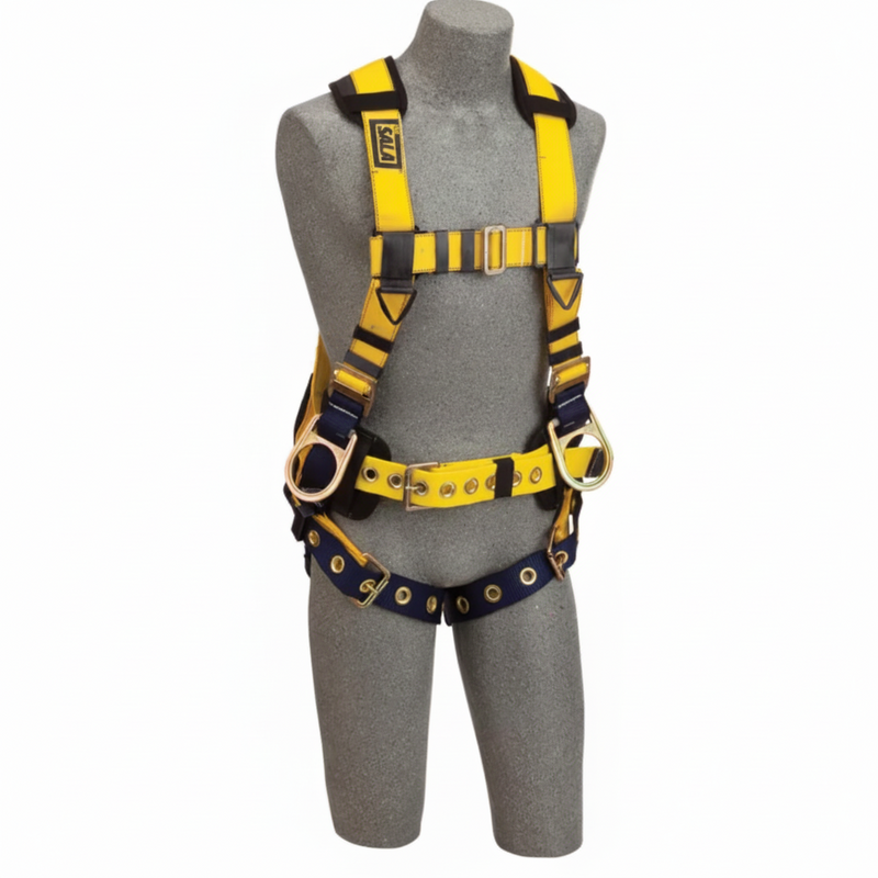DBI-SALA 1106404 medium Delta II iron worker harness with back and side D-rings, tongue buckle leg straps, integrated body belt with adjustable support strap, padded shoulder and back support, and accessory clips for industrial fall protection and positioning.