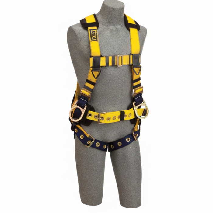 DBI-SALA 1106404 medium Delta II iron worker harness with back and side D-rings, tongue buckle leg straps, integrated body belt with adjustable support strap, padded shoulder and back support, and accessory clips for industrial fall protection and positioning.