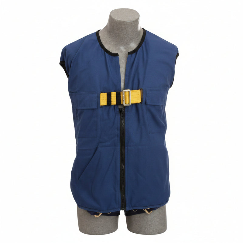 DBI-SALA 1107417 X-Large Delta no-tangle vest-style blue full body harness with back D-ring, tongue buckle leg straps, integrated workvest design, and adjustable fit for industrial fall protection and construction safety applications.