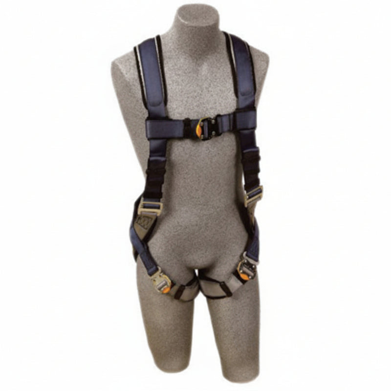 DBI-SALA 1108575 small ExoFit vest-style full body harness with back and side D-rings, quick-connect chest and leg strap buckles, integrated body belt loops, and built-in comfort padding for fall protection and industrial positioning.