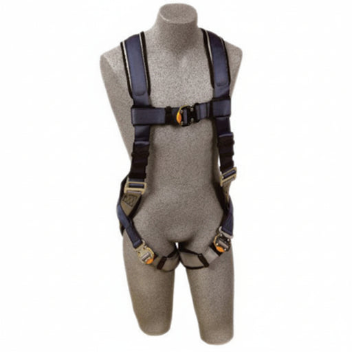 DBI-SALA 1108575 small ExoFit vest-style full body harness with back and side D-rings, quick-connect chest and leg strap buckles, integrated body belt loops, and built-in comfort padding for fall protection and industrial positioning.