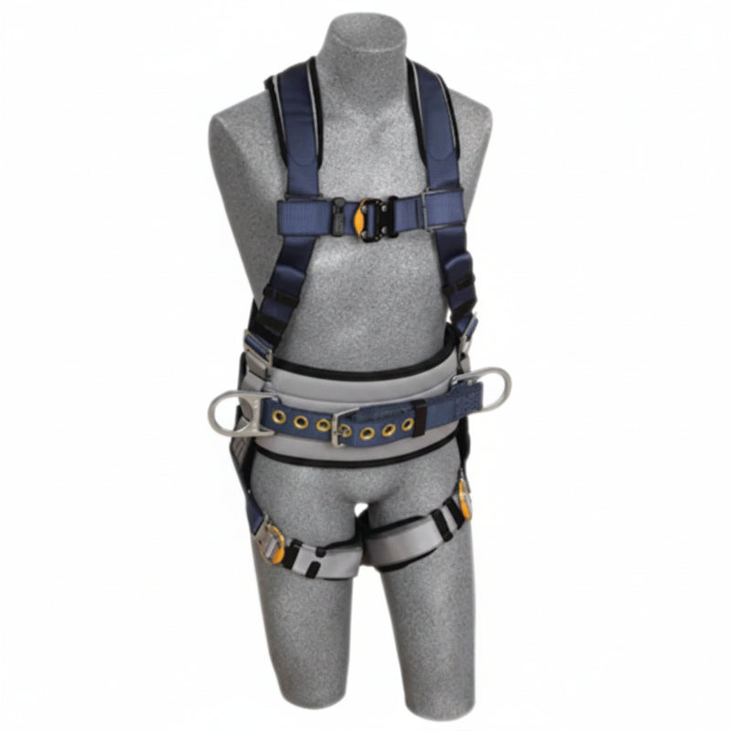 DBI-SALA 1110103 X-Large ExoFit XP vest-style full body harness with back D-ring, quick-connect chest and leg strap buckles, body belt loops, and removable comfort padding for industrial fall protection and work positioning.
