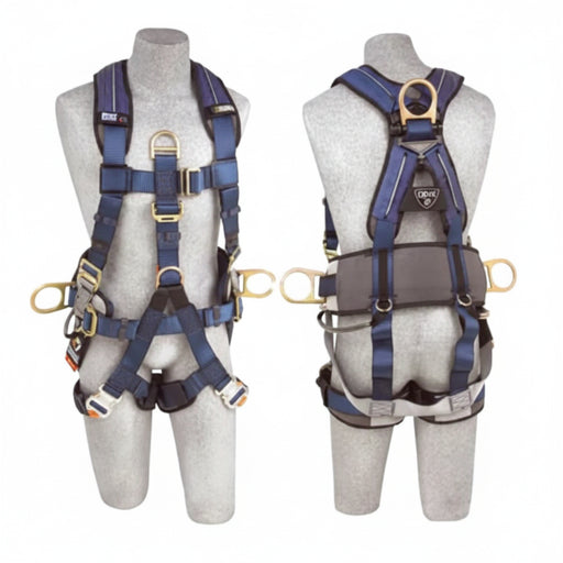 DBI-SALA 1110226 medium ExoFit XP vest-style full body harness with back and side D-rings, quick-connect chest and leg strap buckles, integrated body belt loops, and removable comfort padding for enhanced fit, comfort, and fall protection in industrial applications.