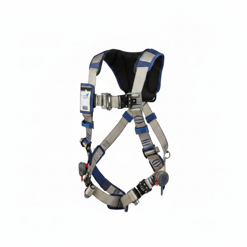 DBI-SALA 1112485 ExoFit STRATA vest-style climbing harness with back and front D-rings, breathable mesh padding, adjustable torso straps, and integrated comfort support designed for industrial fall protection and climbing applications.