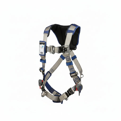 DBI-SALA 1112485 ExoFit STRATA vest-style climbing harness with back and front D-rings, breathable mesh padding, adjustable torso straps, and integrated comfort support designed for industrial fall protection and climbing applications.
