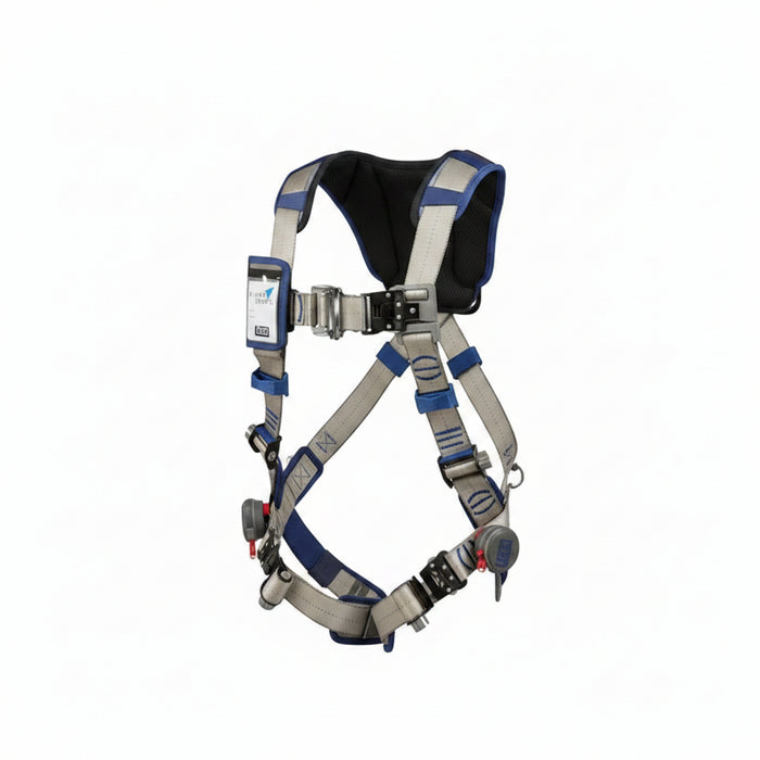 DBI-SALA 1112485 ExoFit STRATA vest-style climbing harness with back and front D-rings, breathable mesh padding, adjustable torso straps, and integrated comfort support designed for industrial fall protection and climbing applications.