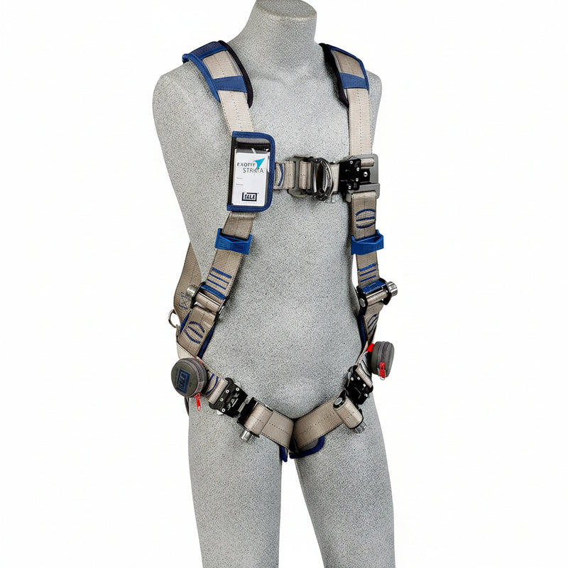 DBI-SALA 1112487 ExoFit STRATA vest-style climbing harness with back and front D-rings, PolarMesh breathable padding, EZ-Link SRL adapter, and adjustable straps designed for lightweight comfort and industrial fall protection in climbing and elevated work applications.