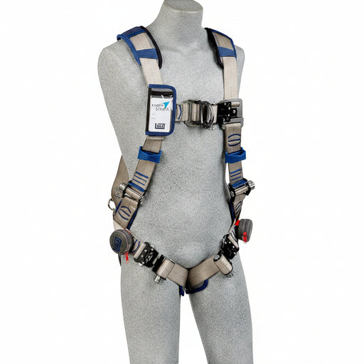 DBI-SALA 1112487 ExoFit STRATA vest-style climbing harness with back and front D-rings, PolarMesh breathable padding, EZ-Link SRL adapter, and adjustable straps designed for lightweight comfort and industrial fall protection in climbing and elevated work applications.