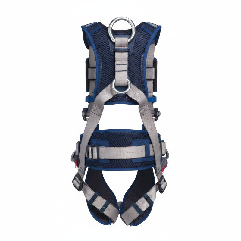DBI-SALA 1112504 ExoFit STRATA vest-style positioning harness with back and side D-rings, breathable PolarMesh padding, Repel water-resistant webbing, EZ-Link SRL adapter, and padded waist support for industrial fall protection and work positioning.