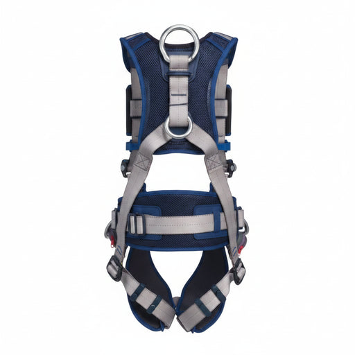 DBI-SALA 1112504 ExoFit STRATA vest-style positioning harness with back and side D-rings, breathable PolarMesh padding, Repel water-resistant webbing, EZ-Link SRL adapter, and padded waist support for industrial fall protection and work positioning.