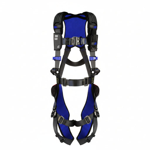 DBI-SALA 1112518 ExoFit STRATA vest-style full body harness with aluminum back D-ring, tongue buckle leg straps, PolarMesh breathable comfort padding, EZ-Link SRL adapter, and revolving torso adjusters for industrial fall protection and worker comfort.