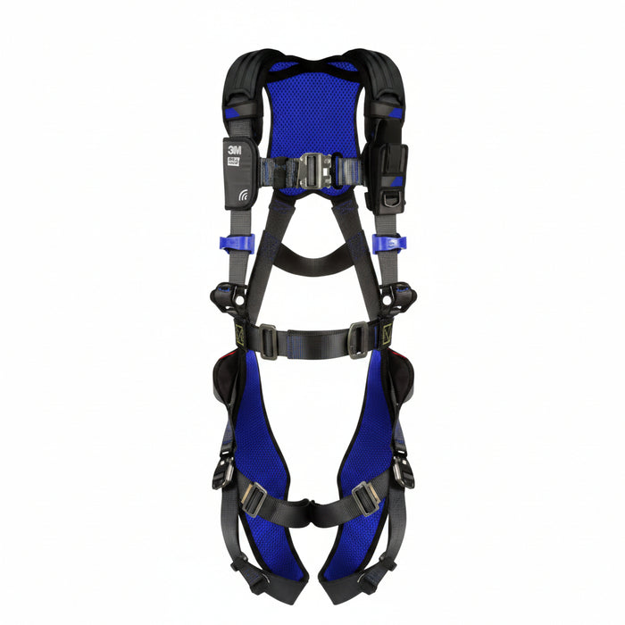 DBI-SALA 1112518 ExoFit STRATA vest-style full body harness with aluminum back D-ring, tongue buckle leg straps, PolarMesh breathable comfort padding, EZ-Link SRL adapter, and revolving torso adjusters for industrial fall protection and worker comfort.