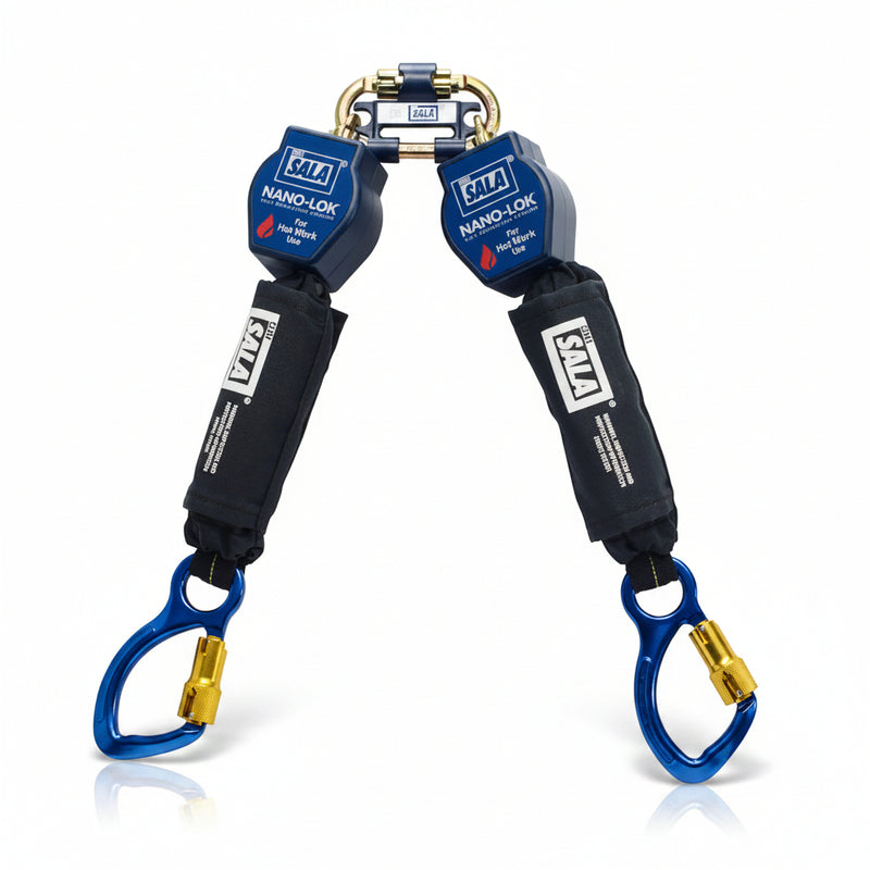 DBI-SALA 3101503 Nano-Lok twin-leg quick connect self-retracting lifeline with 6 ft heat-resistant Kevlar webbing, dual self-locking snap hooks, quick-connect harness attachment, and compact thermoplastic housing designed for hot work fall protection and 100% tie-off safety.