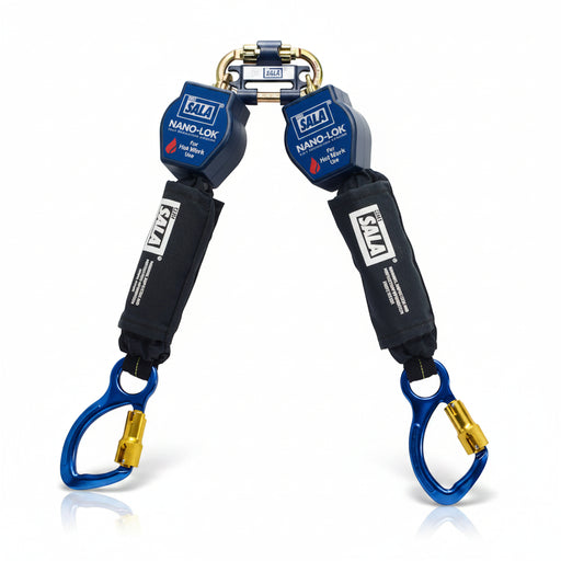 DBI-SALA 3101503 Nano-Lok twin-leg quick connect self-retracting lifeline with 6 ft heat-resistant Kevlar webbing, dual self-locking snap hooks, quick-connect harness attachment, and compact thermoplastic housing designed for hot work fall protection and 100% tie-off safety.