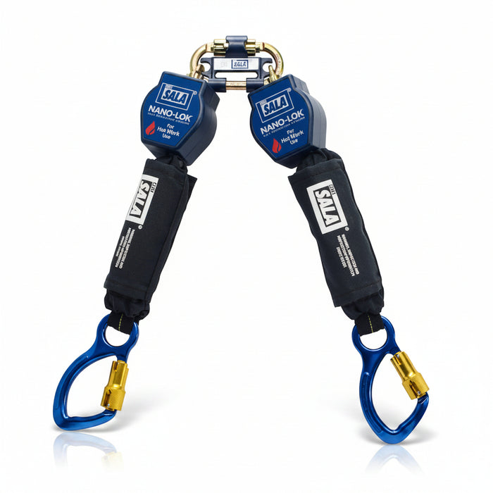 DBI-SALA 3101503 Nano-Lok twin-leg quick connect self-retracting lifeline with 6 ft heat-resistant Kevlar webbing, dual self-locking snap hooks, quick-connect harness attachment, and compact thermoplastic housing designed for hot work fall protection and 100% tie-off safety.