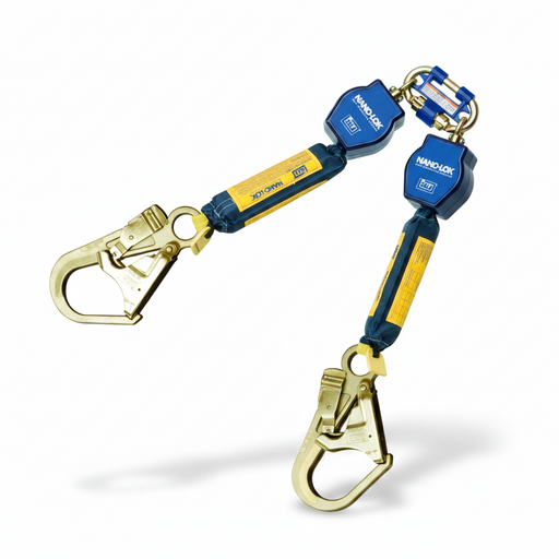 DBI-SALA 3101595 Nano-Lok extended length self-retracting lifeline with 9 ft Dyneema and polyester web lifeline, aluminum locking rebar hook, swiveling anchorage loop with carabiner, compact thermoplastic housing, and integrated energy absorber for fall protection applications.