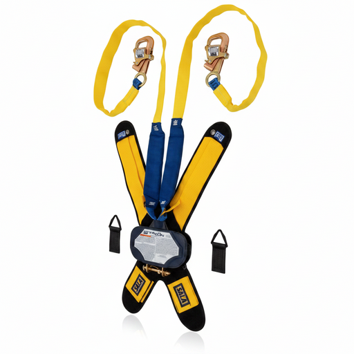 DBI-SALA 3102115 Talon tie-back twin-leg self-retracting lifeline with 7.5 ft nylon web, Delta comfort pad, dual lanyard keepers, steel snap hook, tie-back hooks, and quick connector designed for 100% tie-off and fall protection in industrial and construction applications.