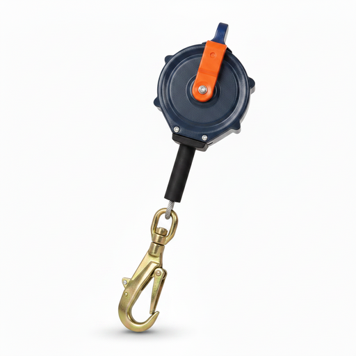 DBI-SALA 3103120 11 ft self-retracting lifeline with 1-inch nylon web, cab-mount bracket, mounting hardware, swiveling anchorage loop, and self-locking swivel snap hook designed for order picker fall protection and elevated work safety applications.