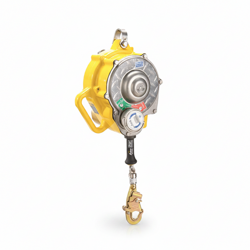 DBI-SALA 3400990 Sealed-Blok RSQ self-retracting lifeline with 130 ft galvanized or stainless steel wire rope, dual-mode RSQ retrieval system, integrated rescue winch capability, swivel snap hook, and sealed housing designed for harsh industrial environments and fall arrest protection.