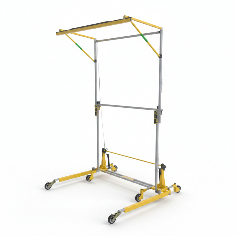 DBI-SALA 8517701 FlexiGuard C-Frame System adjustable height mobile overhead rail fall protection system with 12.5–19 ft adjustable frame height, 10 ft rail width, integrated wheels, leveling jacks, and dual-user sliding anchor trolley system for industrial work at height.