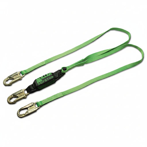 Miller 8798T-Z7/6FTGN HP SofStop twin-leg 6 ft webbing lanyard with shock-absorbing core, locking snap hook harness connection, and dual locking anchorage hooks designed for fall arrest and 100% tie-off in industrial safety applications.